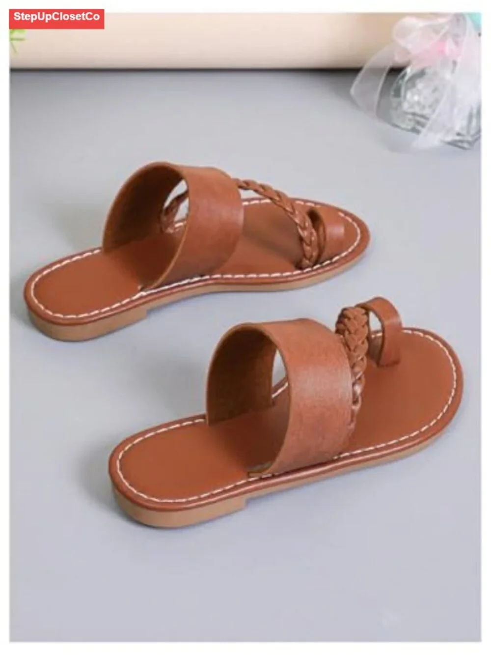 Girl's Strappy Leather Flats Sandal Braided Toe Ring Slip On Slide Sandals